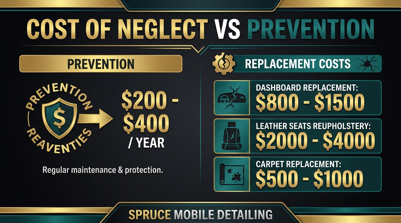 Cost of interior neglect vs prevention leather dashboard carpet replacement