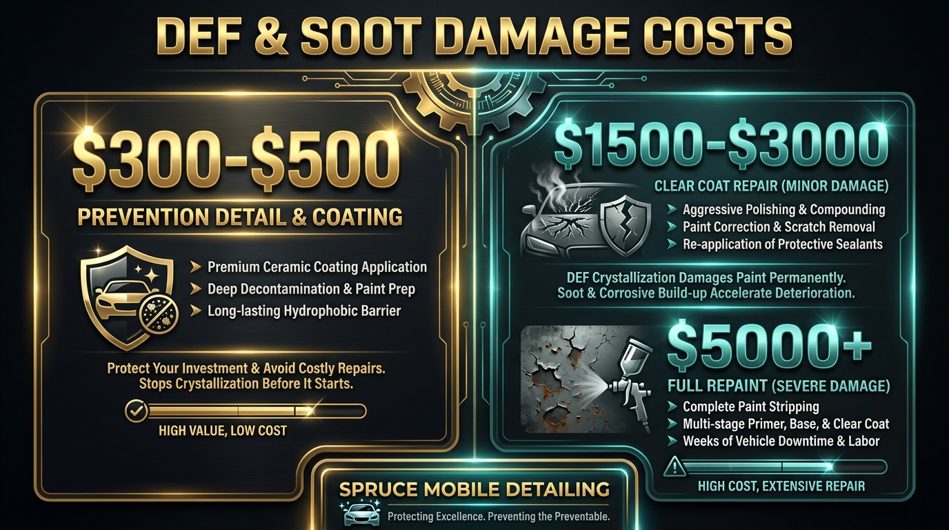 DEF stain and exhaust soot damage costs vs prevention for diesel trucks Castle Rock