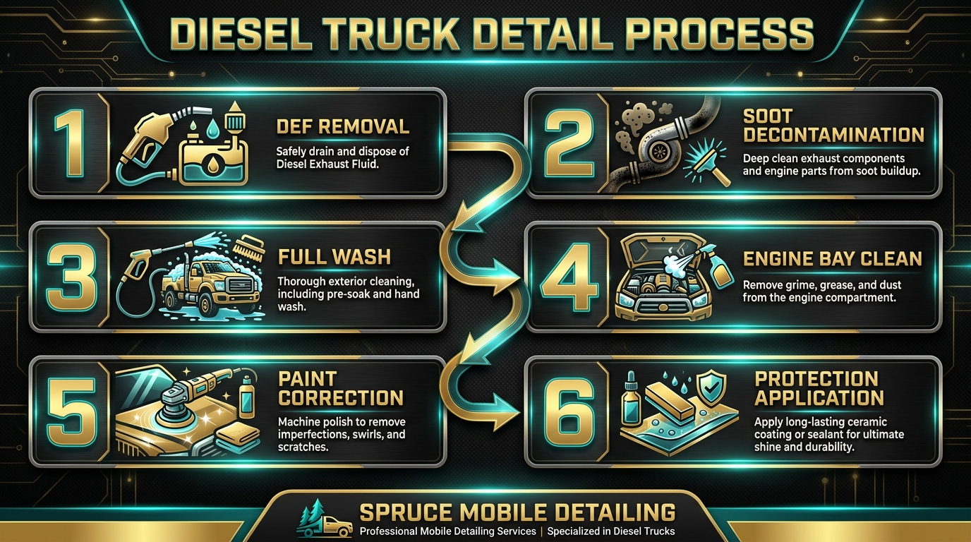Complete diesel truck detailing 6-step process DEF removal soot engine bay