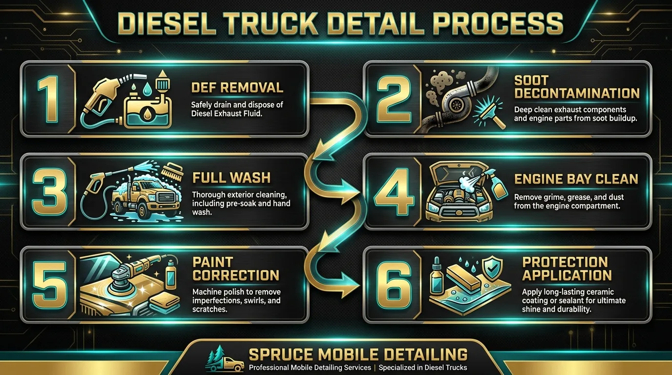 Complete diesel truck detailing 6-step process DEF removal soot engine bay