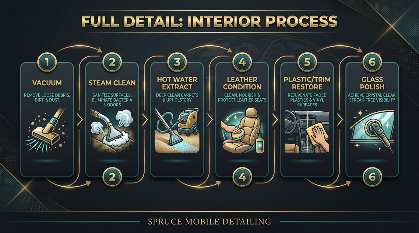 Full car detail interior process vacuum steam extract condition leather glass