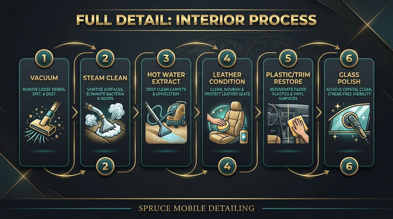 Full car detail interior process vacuum steam extract condition leather glass