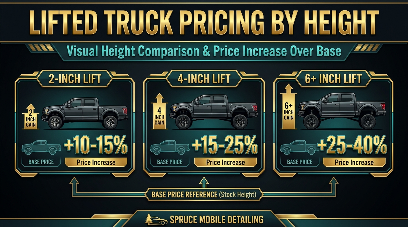 Lifted truck detailing cost by lift height 2 4 6 inch pricing surcharge Castle Rock