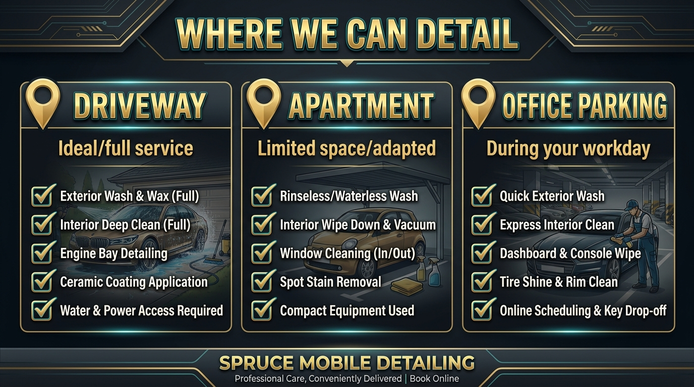 Mobile detail locations comparison driveway vs apartment vs office parking