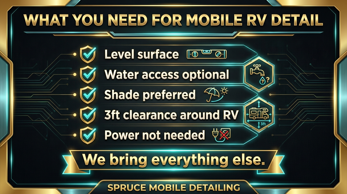 Mobile RV detailing driveway requirements checklist space water power what we bring