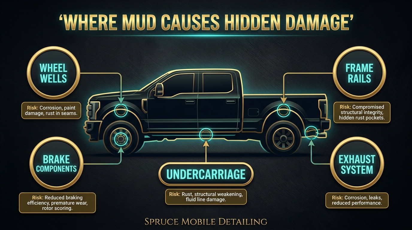 Where mud causes hidden damage on trucks wheel wells undercarriage brakes Castle Rock