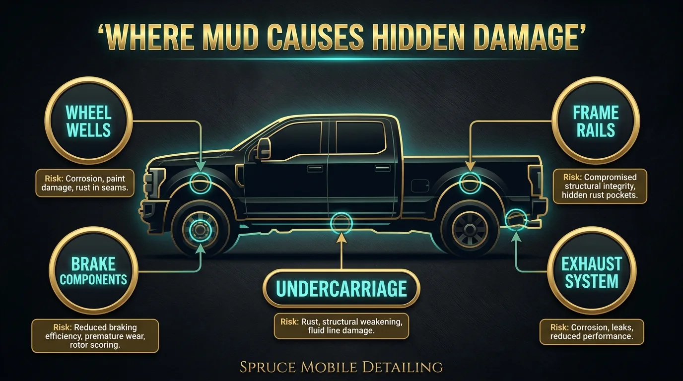Where mud causes hidden damage on trucks wheel wells undercarriage brakes Castle Rock
