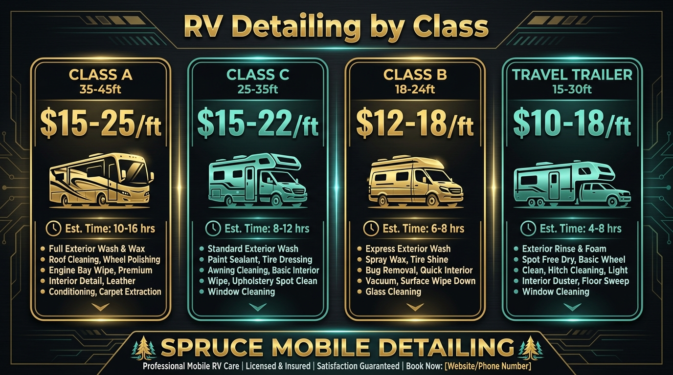 RV detailing by class A B C travel trailer size time and cost comparison