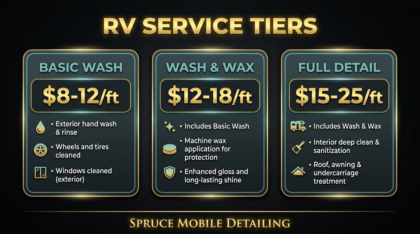 RV wash vs wash and wax vs full detail service tiers pricing comparison