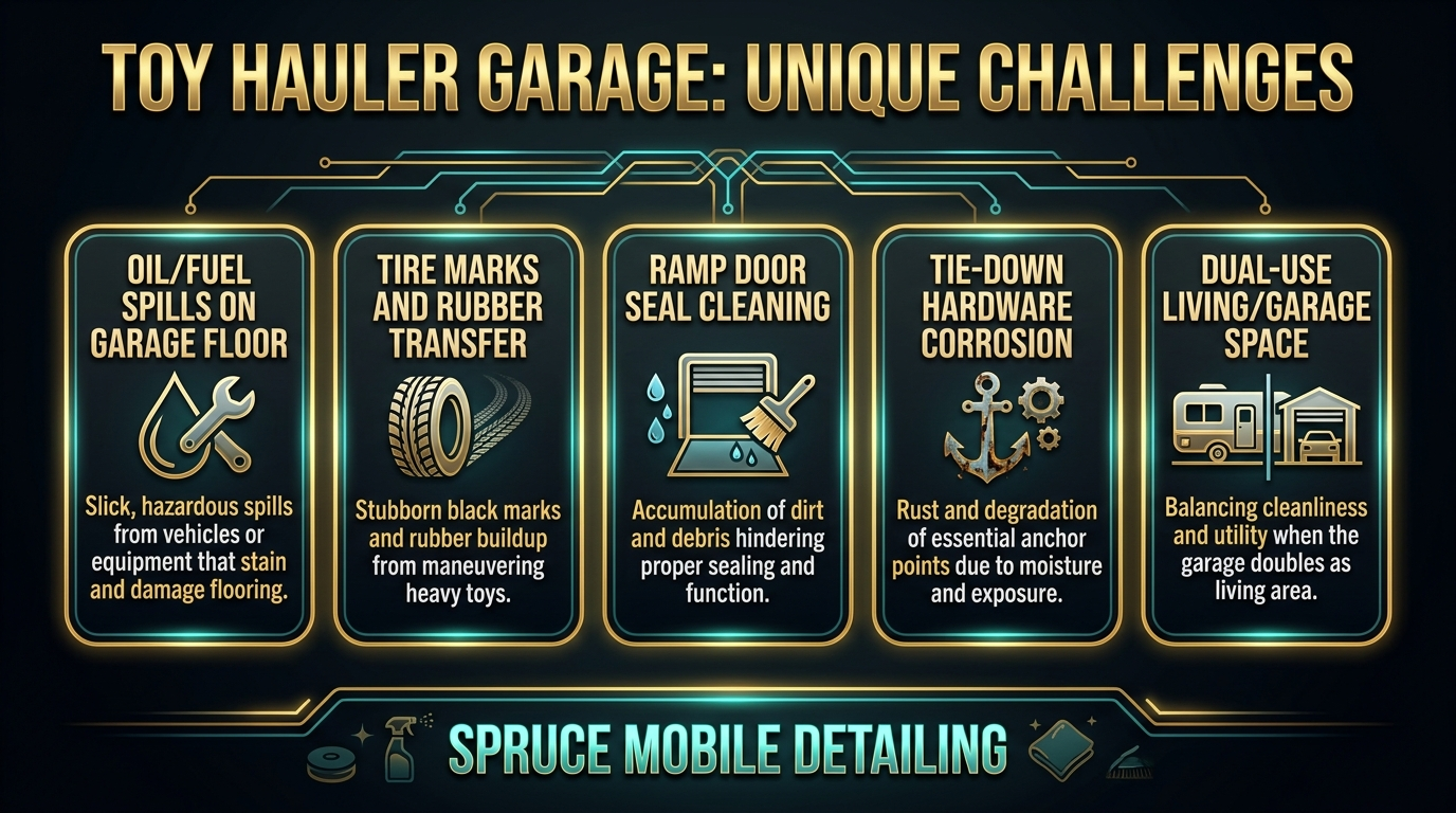 Toy hauler garage area contaminants fuel oil mud removal solutions prevention