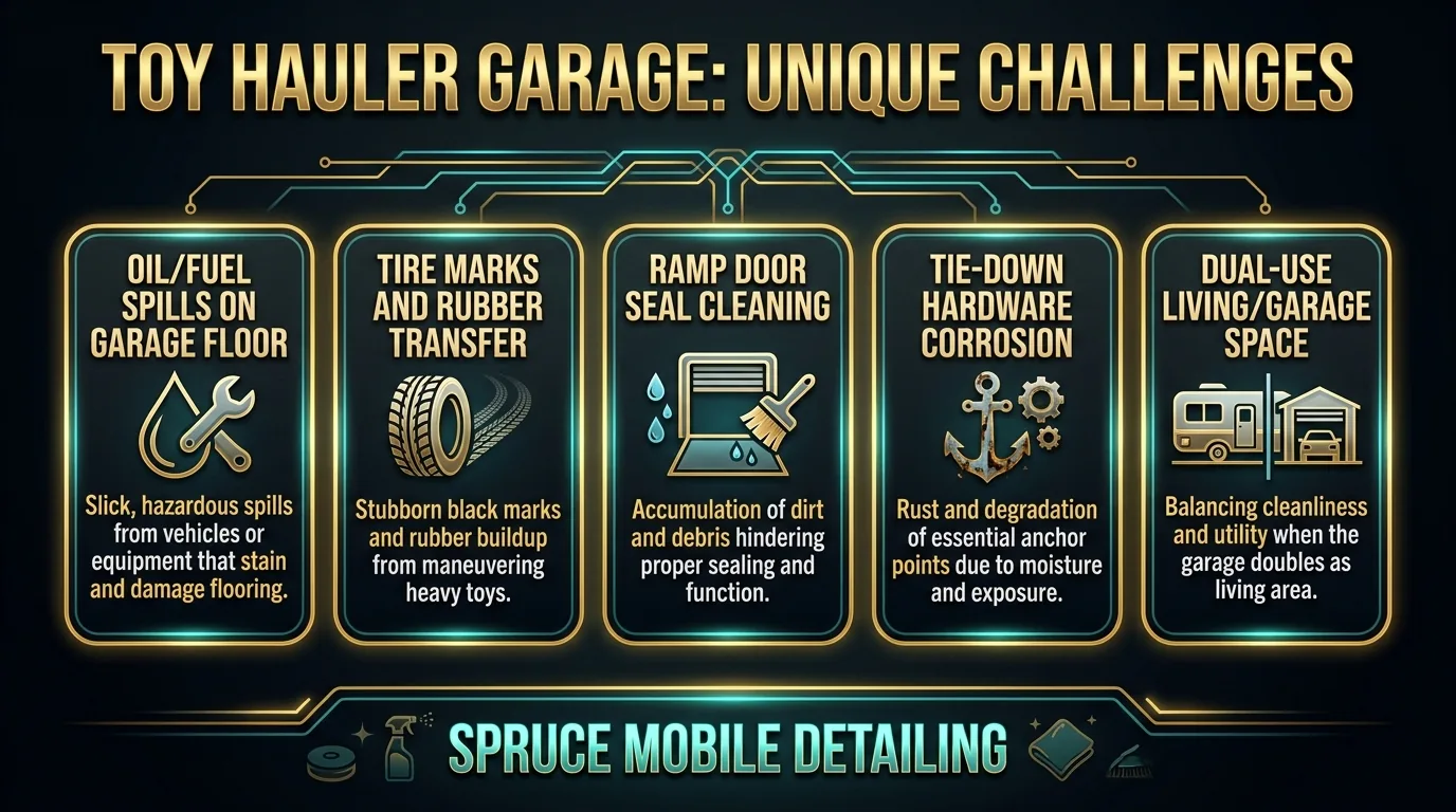 Toy hauler garage area contaminants fuel oil mud removal solutions prevention