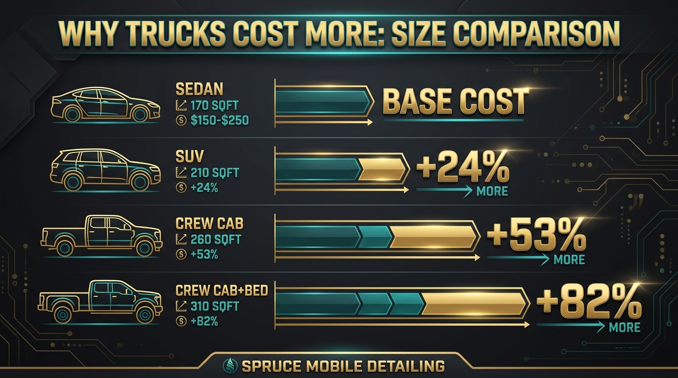 Truck vs car detailing surface area time and pricing comparison sedan SUV crew cab