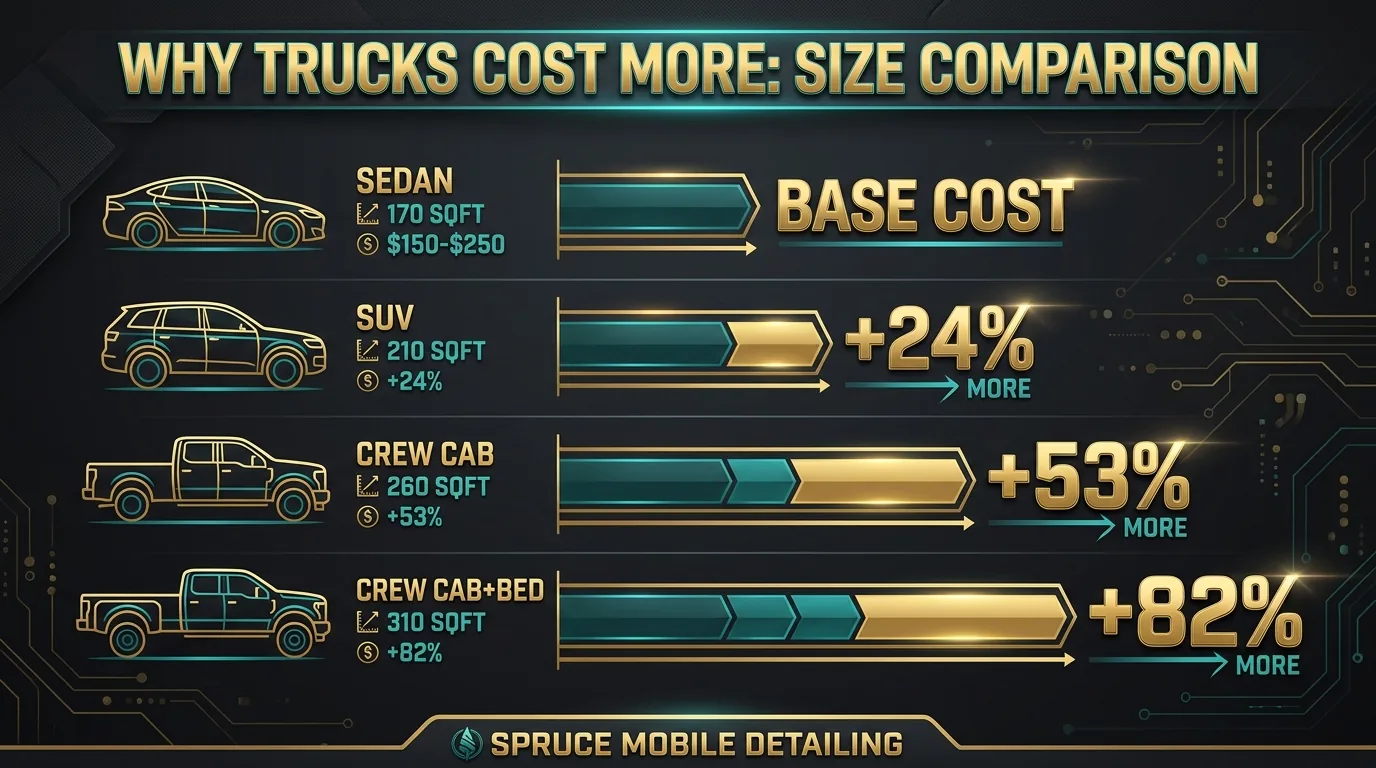 Truck vs car detailing surface area time and pricing comparison sedan SUV crew cab