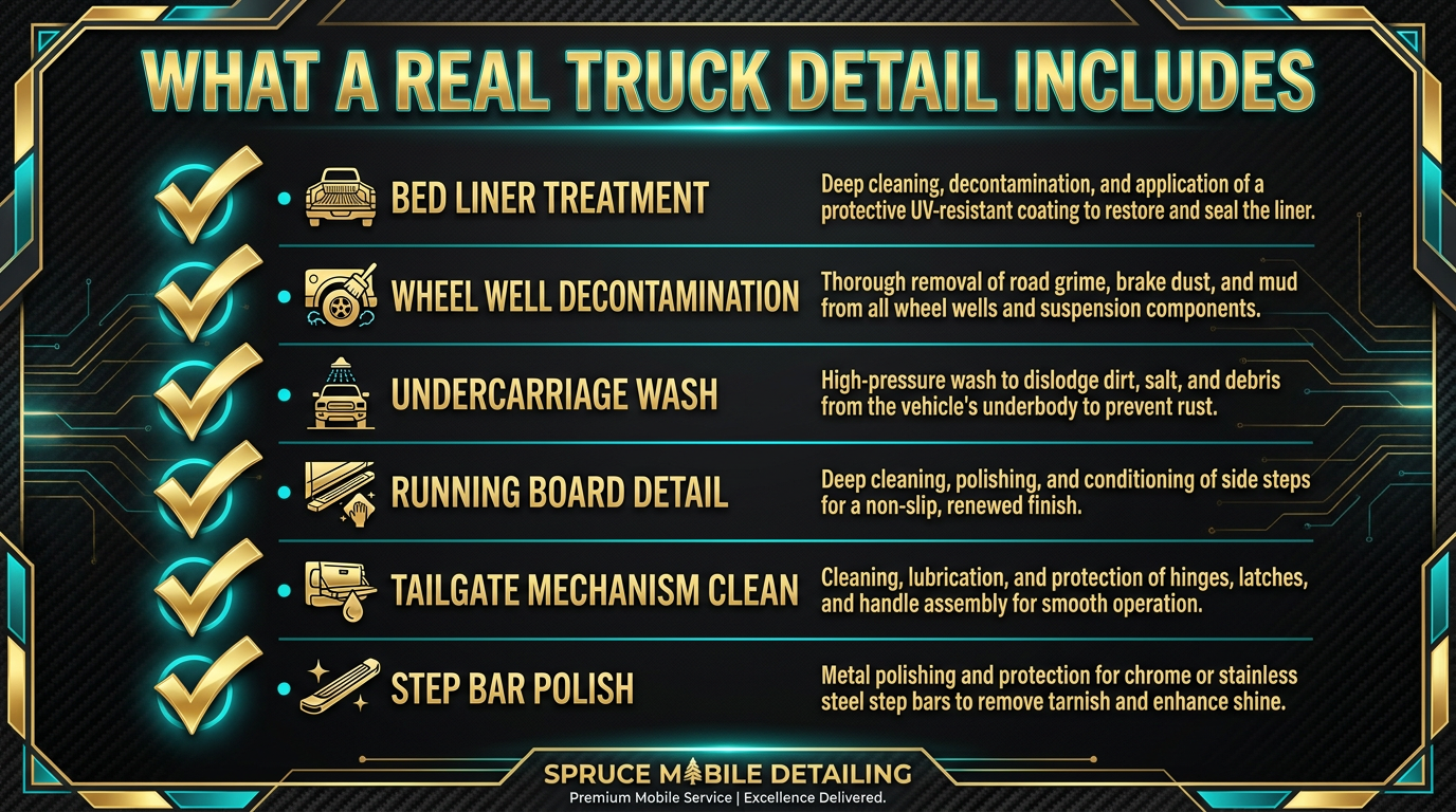 What a real truck detail includes vs standard car detail bed liner wheel wells undercarriage