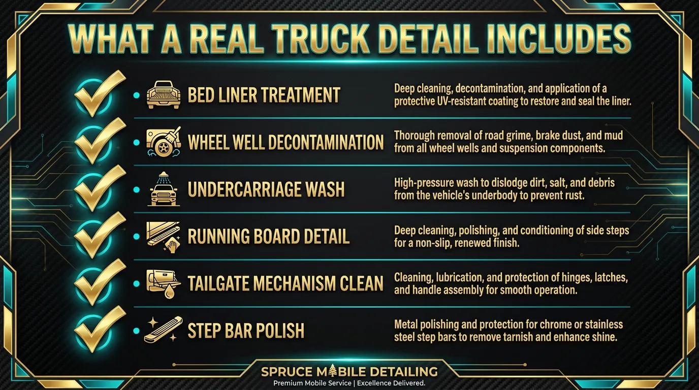 What a real truck detail includes vs standard car detail bed liner wheel wells undercarriage