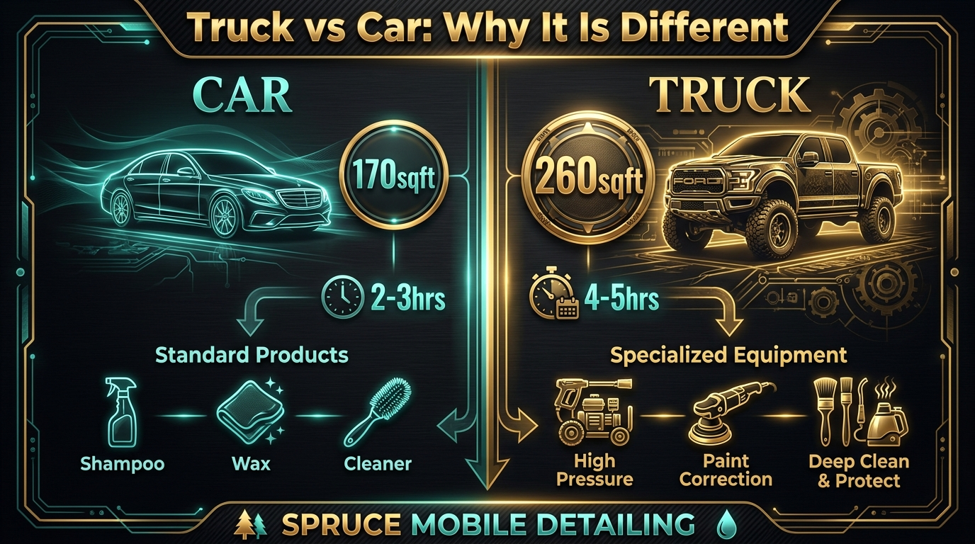 F-150 Ram Silverado vs sedan detailing comparison surface area time cost equipment