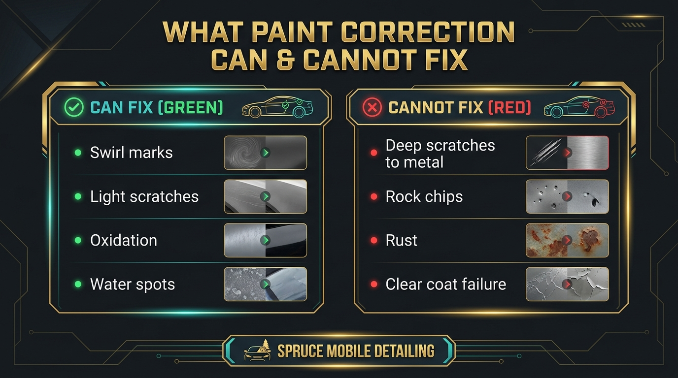 What paint correction can and cannot fix swirl marks scratches oxidation vs deep damage