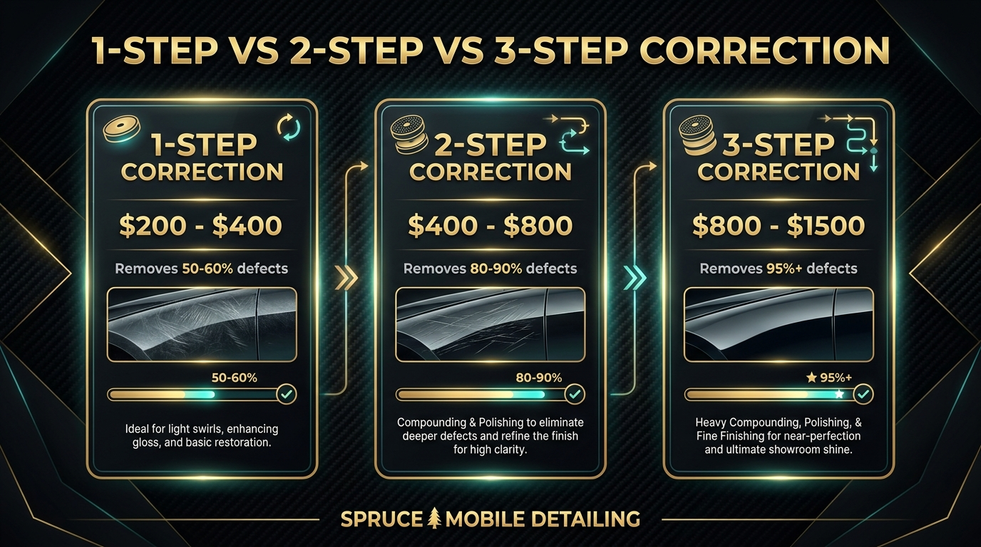 1-step vs 2-step vs 3-step paint correction comparison pricing time correction level