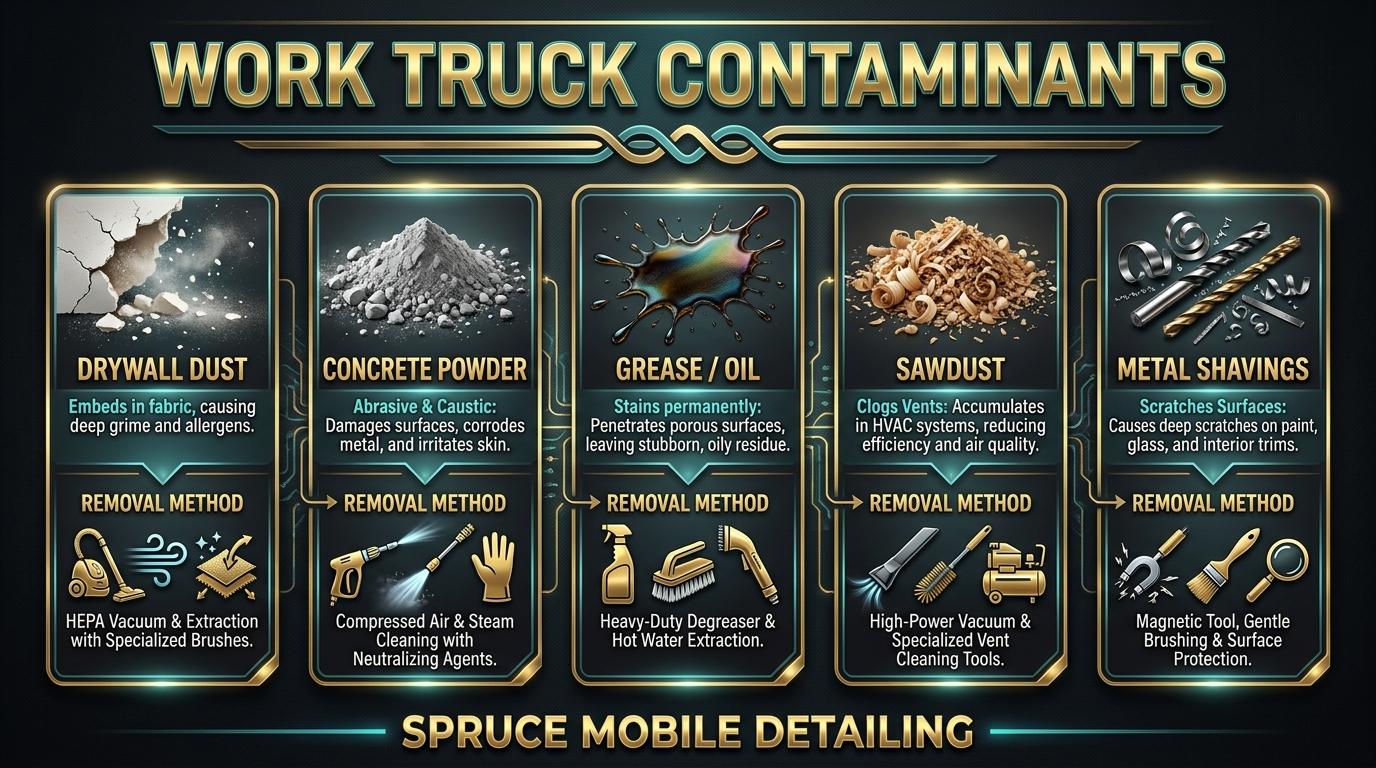 Common work truck contaminants drywall concrete grease removal methods construction